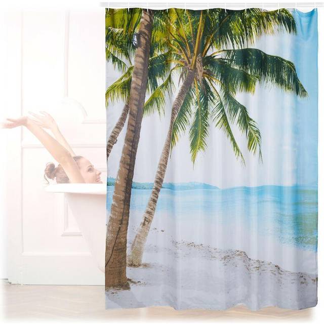 Relaxdays Shower Curtain with Beach Motif, Polyester, Washable, Anti-Mould, Bathroom Curtain 180x180cm, Colourful