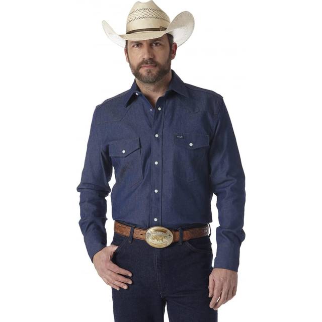 Wrangler Mens Cowboy Cut Western Two Pocket Long Sleeve Snap Work Shirt - Firm Finish - B&T Indigo X-Large Tall