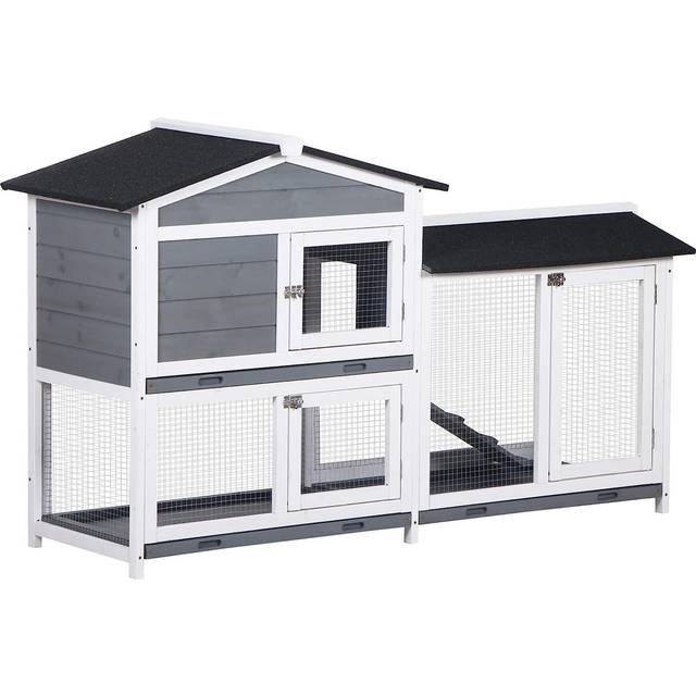 PawHut 2-Tier Rabbit Hutch Wooden Guinea Pig House Pet Cage Outdoor w/ Sliding-out Tray Ramp - 157.4x53x93.5cm - Yellow - TJ Hughes