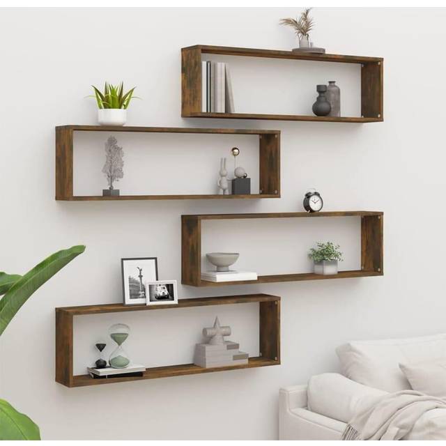 vidaXL 4x Wall Cube Shelves Smoked Oak Engineered Wood CD Shelf Wall Cabinet