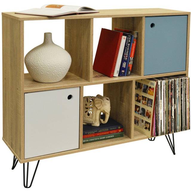 INDUSTRIAL - Open Sideboard Shelving LP Vinyl Storage - Oak - Oak / Black / Blue / White - Brown