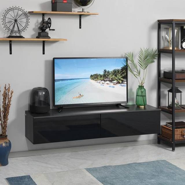 HOMCOM HOMCOM 160cm High Gloss Floating TV Unit Stand For TVs Up To 70&#34;, Wall Mounted TV Cabinet With Storage Cupboards, Grey And Black