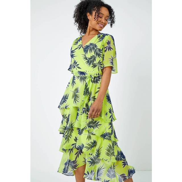 Roman Petite Womens Tropical Print Tiered Midi Dress - Lime Green - Size 8 UK