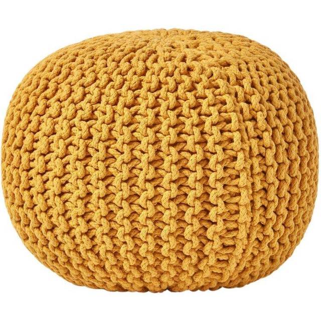 Homescapes Mustard Knitted Cotton Pouffe Footstool Round 35 x 40 cm - Yellow