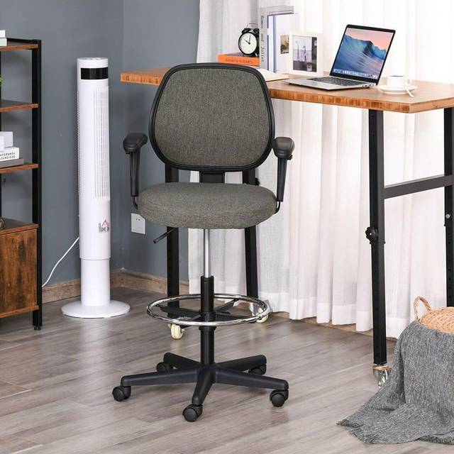 Vinsetto Drafting Chair Tall Office Stand Desk Chair with Foot Ring - Arm - Wheel | TJ Hughes
