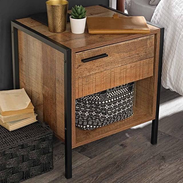 LPD Furniture Hoxton Bedside Cabinet Distressed Oak Effect, Brown