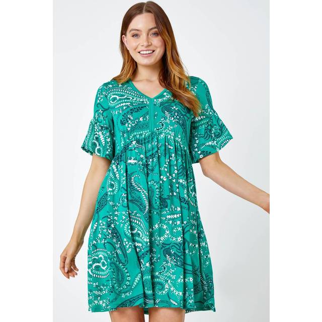 Roman Womens Paisley Print Frill Sleeve Dress - Green - Size 10 UK