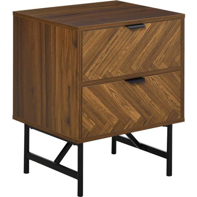Side Cabinet Home Organizer with 2 Storage Drawer Unit - Hidden Handle for Bedroom - Living Room - Herringbone Pattern - Walnut Brown Drawer - Handle
