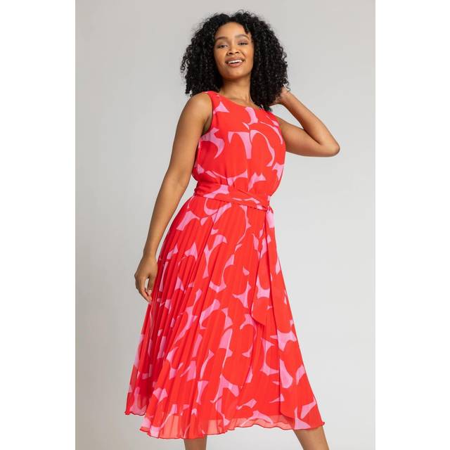 Roman Petite Womens Abstract Print Pleated Midi Dress - Red - Size 12 UK