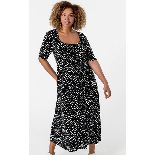 Roman Curve Black Ditsy Spot Print Midi Dress - Size 26-28
