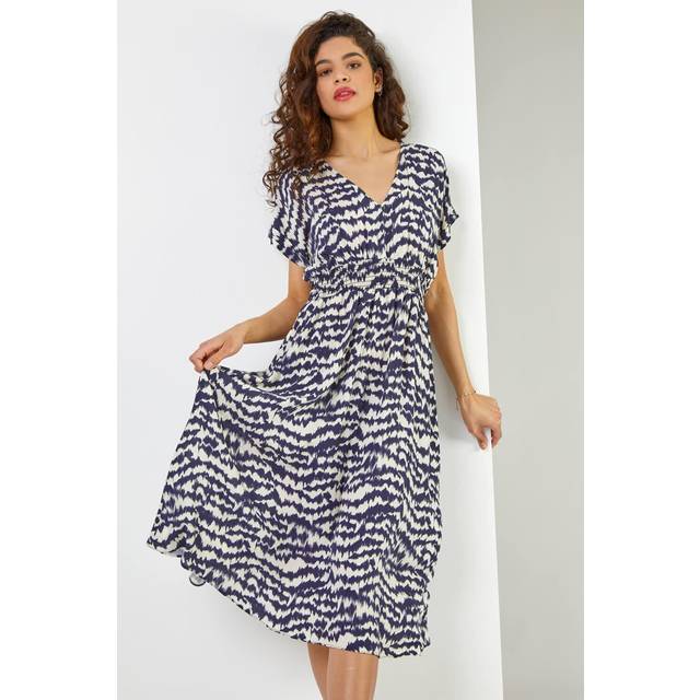 Abstract Print Fit & Flare Dress - Navy - Size 14 - Roman