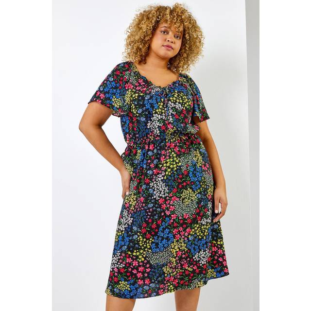 Roman Curve Womens Ditsy Floral Print Sweetheart Midi Dress - Black - Size UK 22-24