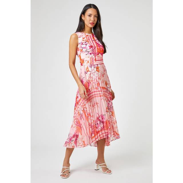 Roman Womens Floral Print Fit And Flare Pleated Dress - Pink - Size 18 UK