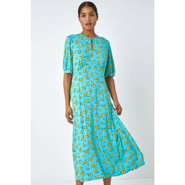 Sunflower Print Keyhole Stretch Midi Dress - Blue - Size 14 - Roman