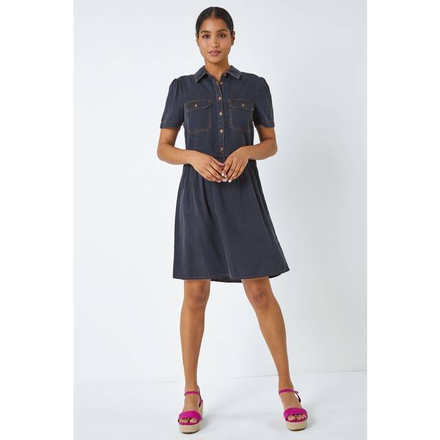 Denim Skater Shirt Dress - Black - 14
