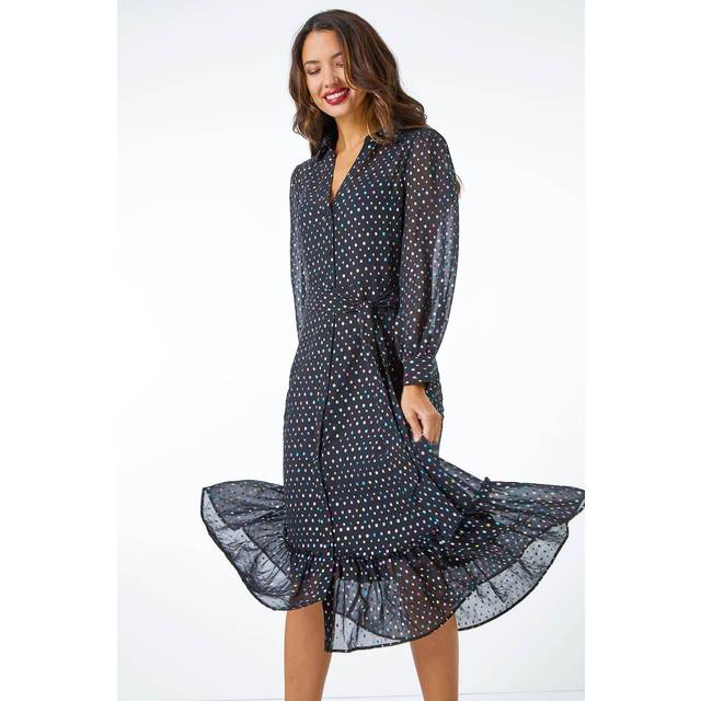 Roman Black Metallic Spot Midi Shirt Dress - Size 16