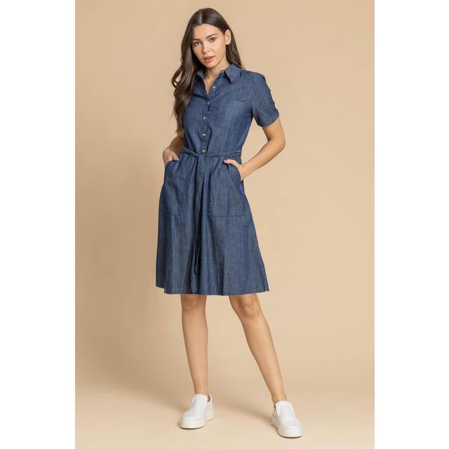 Denim Belted Skater Shirt Dress - Blue - 18