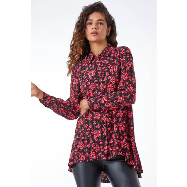 Metallic Floral Print Peplum Blouse - Red - 18