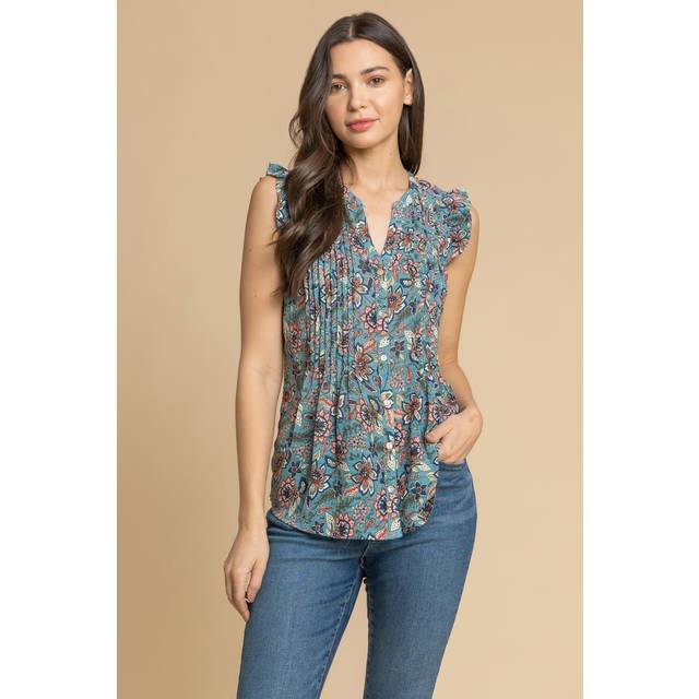Sleeveless Frill Detail Floral Blouse - Teal - Size 18 - Roman
