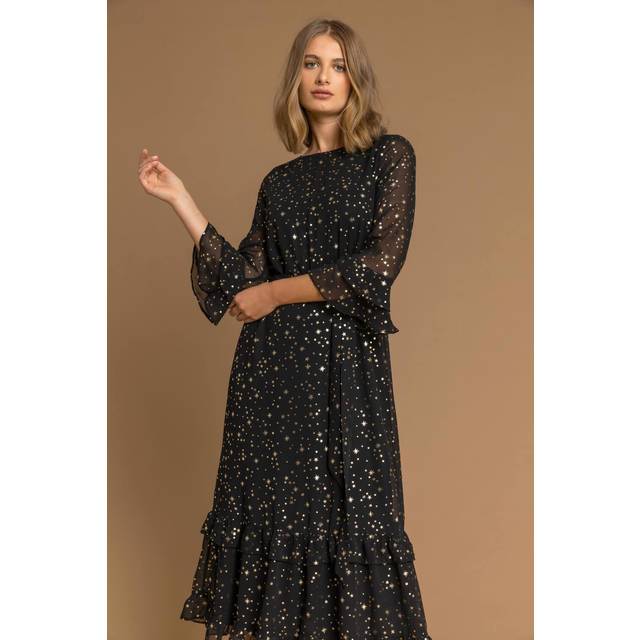Roman Womens Star Foil Print Frill Dress - Black - Size 10 UK