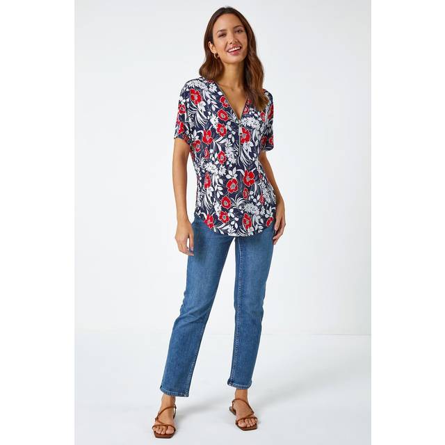 Textured Floral Print Zip Top - Red - 12