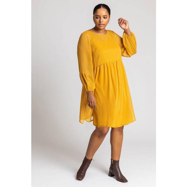 Roman Curve Ochre Chiffon Shimmer Stripe Smock Dress - Size 30-32