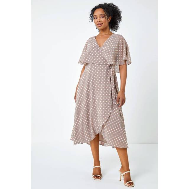 Roman Petite Taupe Polka Dot Chiffon Cape Dress - Size 16