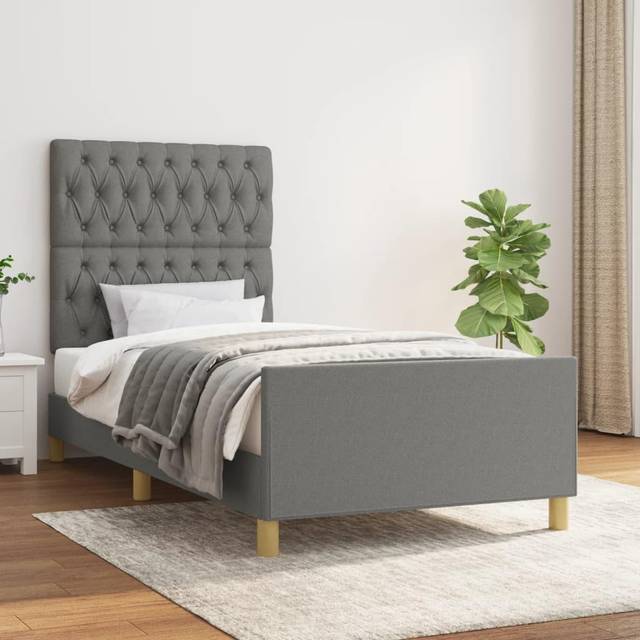 vidaXL Sängram med huvudgavel mörkgrå 90x200 cm tyg, säng, sovrumsmöbel, enkelsäng, sängar, sovrumsmöbler, enkelsängar, tygsäng, tygsängar