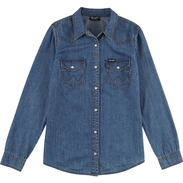 Wrangler dam retro långärmad western snap-skjorta mid-denim, M