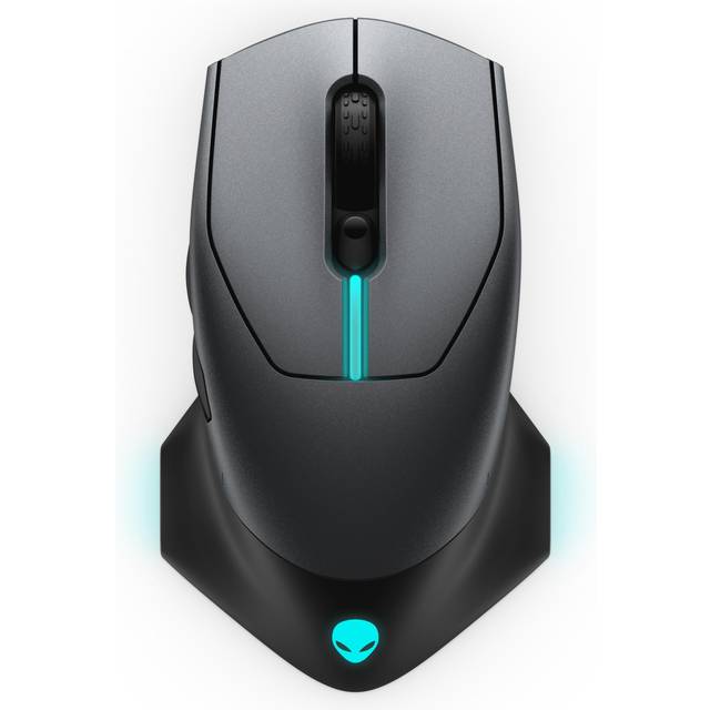 Alienware trådbunden/trådlös spelmus AW610M: 16 000 DPI optisk sensor – 350 timmars uppladdningsbart batteri, 7 knappar, 3-ZONE 16,8 m AlienFX RGB-belysning, kantfri design, ergonomisk, mörk sida av