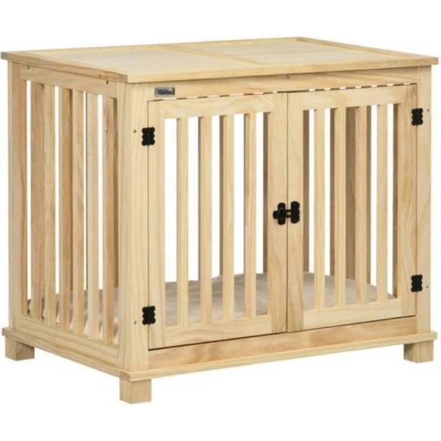 PawHut Wooden Dog Crate End Table Furniture Style with Cushion - Natural - Neutral