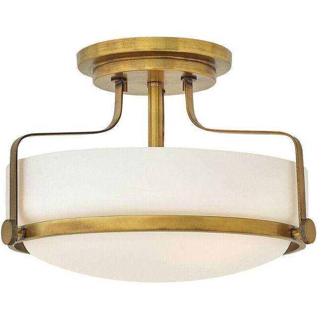 3 Bulb Semi Flush Light Opal Glass Metal Ring Heritage Brass LED E27 60W