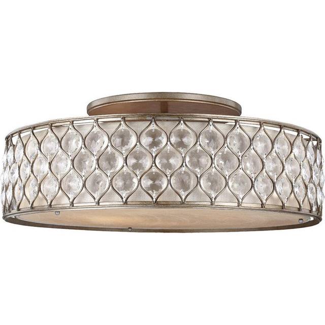 6 Bulb Flush Light Low Ceiling Linen Fabric Shade Burnished Silver LED E27 60W