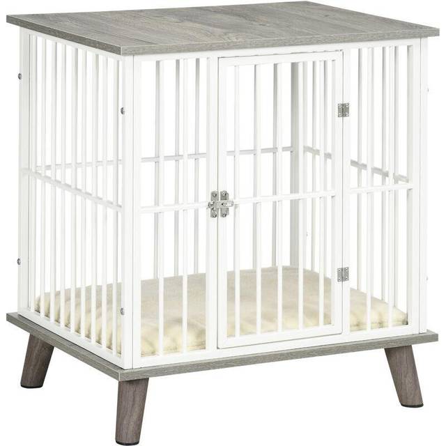 Pawhut Indoor Dog Crate Furniture - Top End Table With Soft Cushion And Lockable Door For Small Dogs 64.5 X 48 X 70.5 cm Grey, Grey