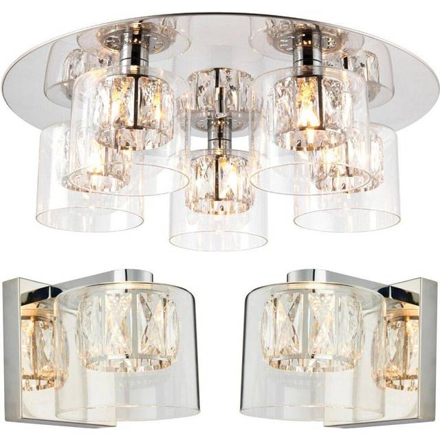 5 Bulb Ceiling Lamp & 2x Matching Wall Mount Light Round Chrome & Crystal Glass