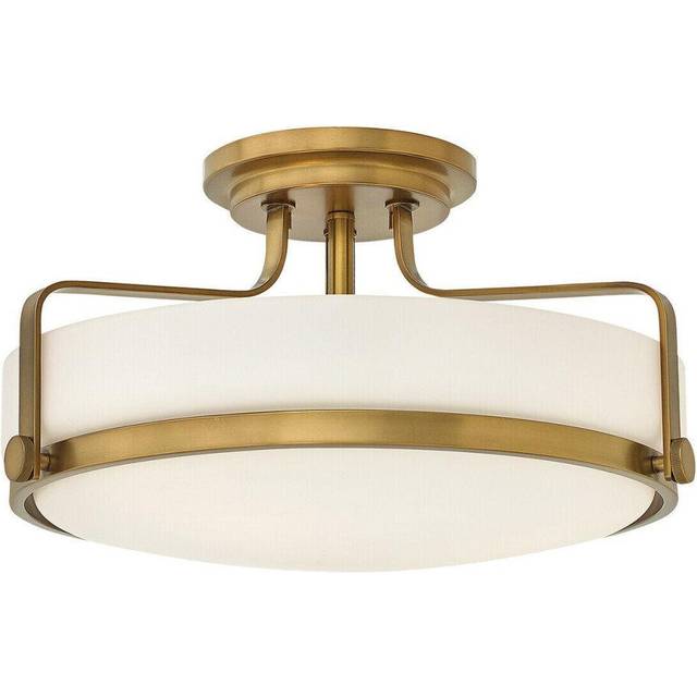 3 Bulb Semi Flush Light Opal Glass Metal Ring Heritage Brass LED E27 60W