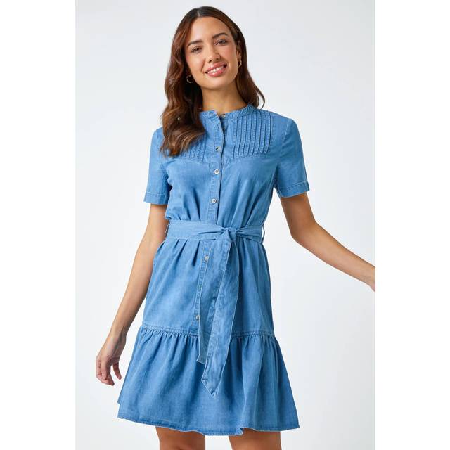 Roman Light Denim Belted Cotton Denim Frill Hem Dress - Size 14