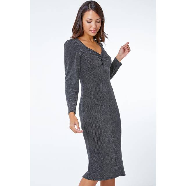 Roman Silver Shimmer Stretch Knot Detail Dress - Size 18