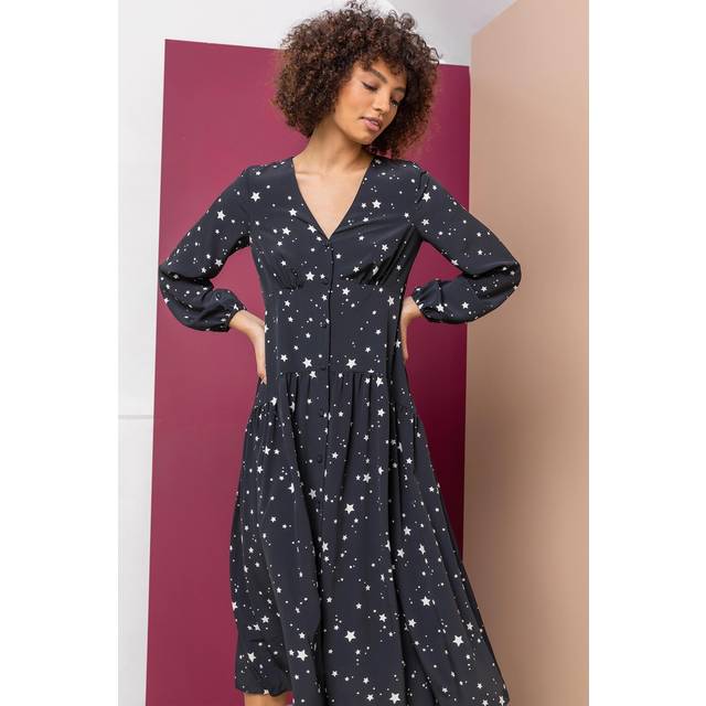 Dusk Black Star Print Chiffon Fit & Flare Midi Dress - Size 18
