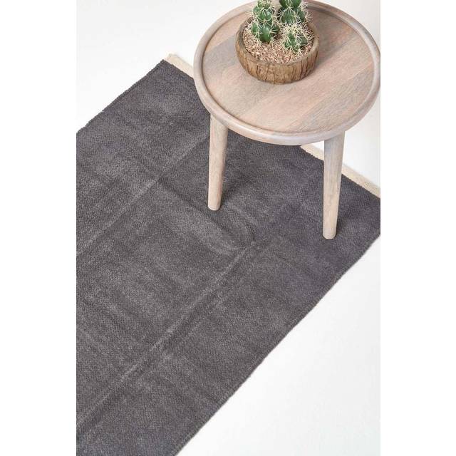 Dark Grey 100% Cotton Plain Chenille Runner with Natural Trim, 66 x 200 cm