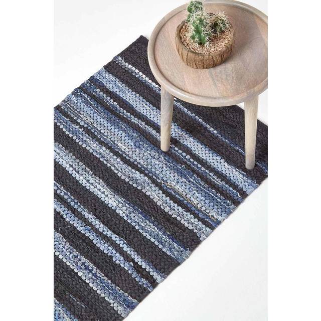 Homescapes Texas Leather & Denim Woven Striped Blue Hall Runner, 66 x 200 cm