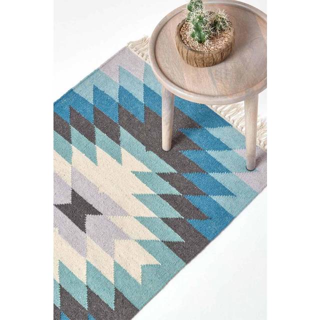 Helsinki Handwoven Geometric Pattern Blue Grey and Cream Kilim Wool Hall Runner, 66 x 200 cm