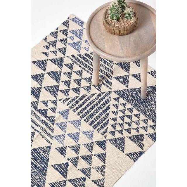 Delphi Handwoven Blue and White 100% Cotton Printed Triangular Pattern Rug, 120 x 170 cm