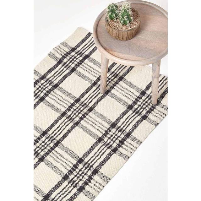 Logan Black and White Tartan Check Non-Slip 100% Wool Rug, 120 x 170 cm
