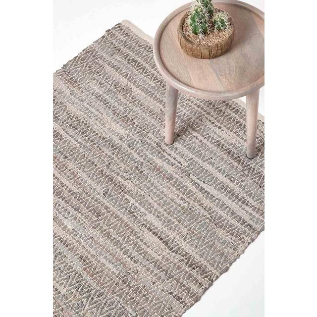 Grey Real Leather Handwoven Diamond Pattern Rug, 90 x 150 cm
