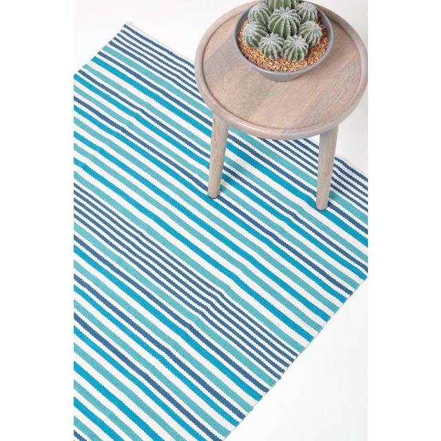 Modern Blue Scandinavian Style Striped Cotton Rug, 120 x 180 cm