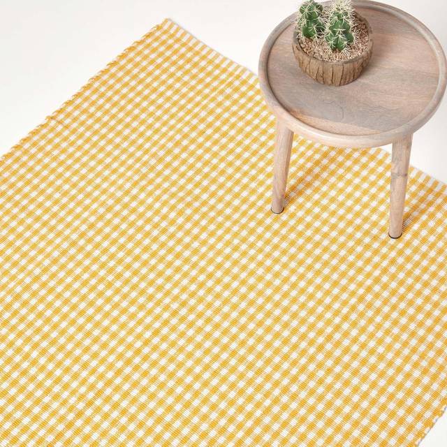 Cotton Gingham Check Rug Hand Woven Yellow White, 70 x 120 cm