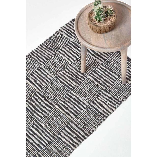 Black & White Real Leather Handwoven Striped Block Check Hall Runner, 66 x 200 cm