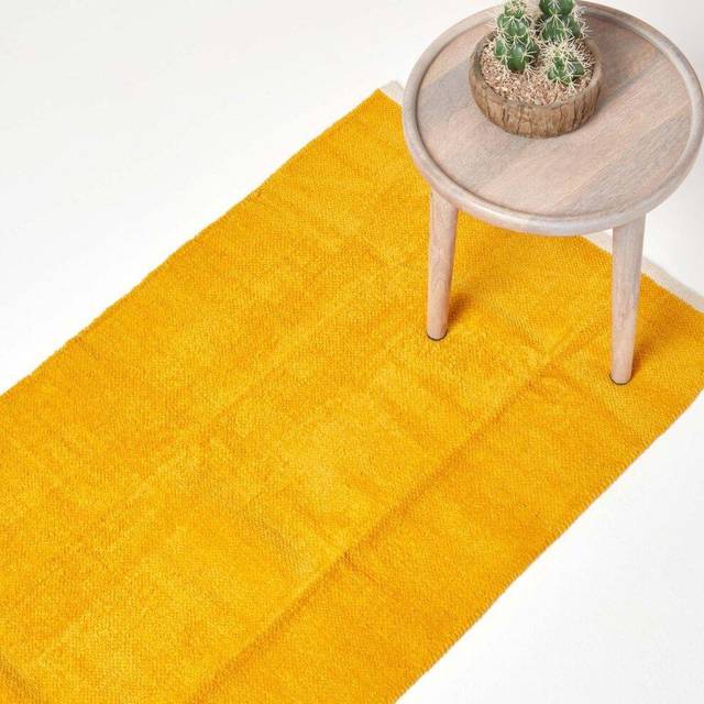 Mustard 100% Cotton Plain Chenille Runner with Natural Trim, 66 x 200 cm - Yellow