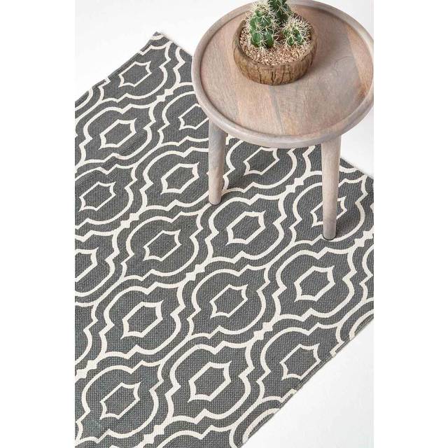 Riga Handwoven Grey and White 100% Cotton Printed Patterned Rug, 120 x 170 cm